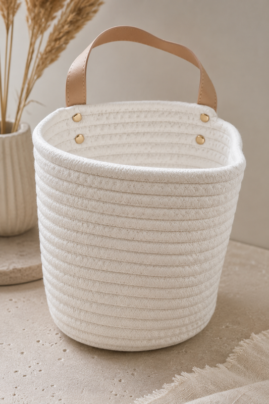 Cream Rope Storage Basket with Leather Handle
