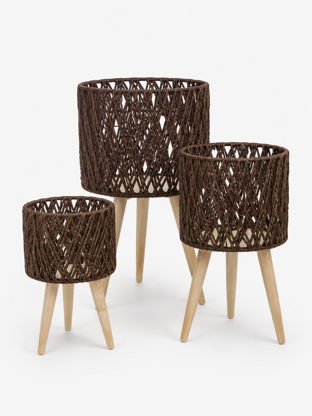 Dark Woven Plant Stand with Wooden Legs