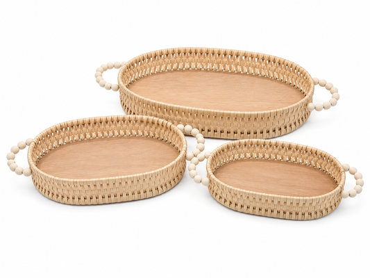 Rustic Chic Wooden Catchall Tray with Beaded Handles (Oval)