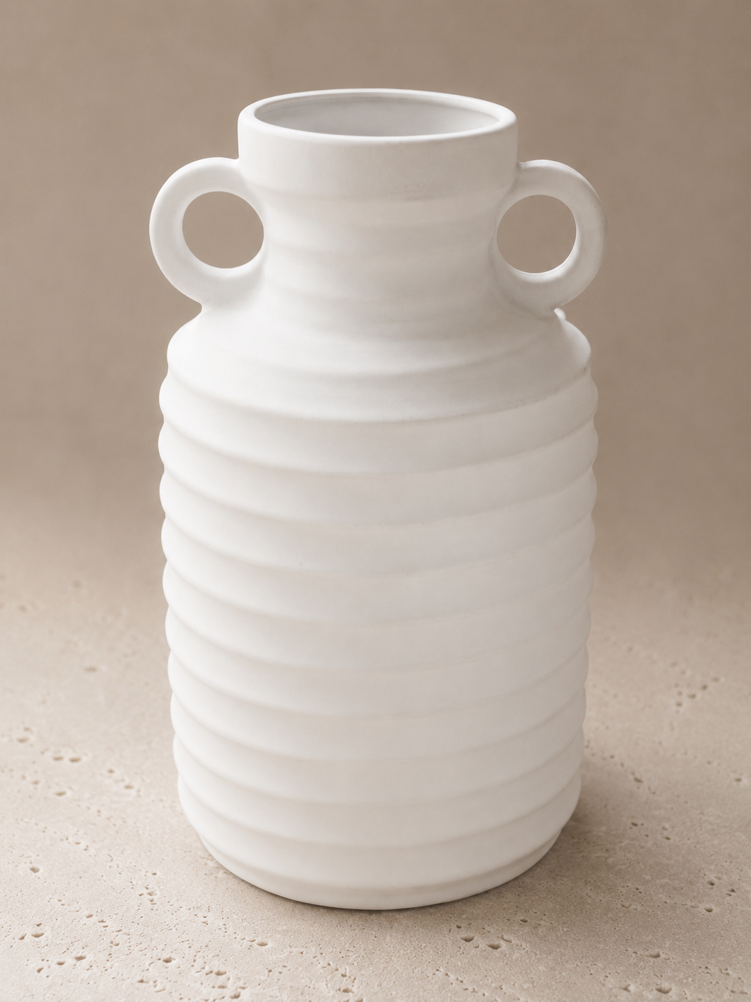 White Ribbed Ceramic Vases with Loop Handles
