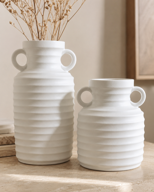 White Ribbed Ceramic Vases with Loop Handles