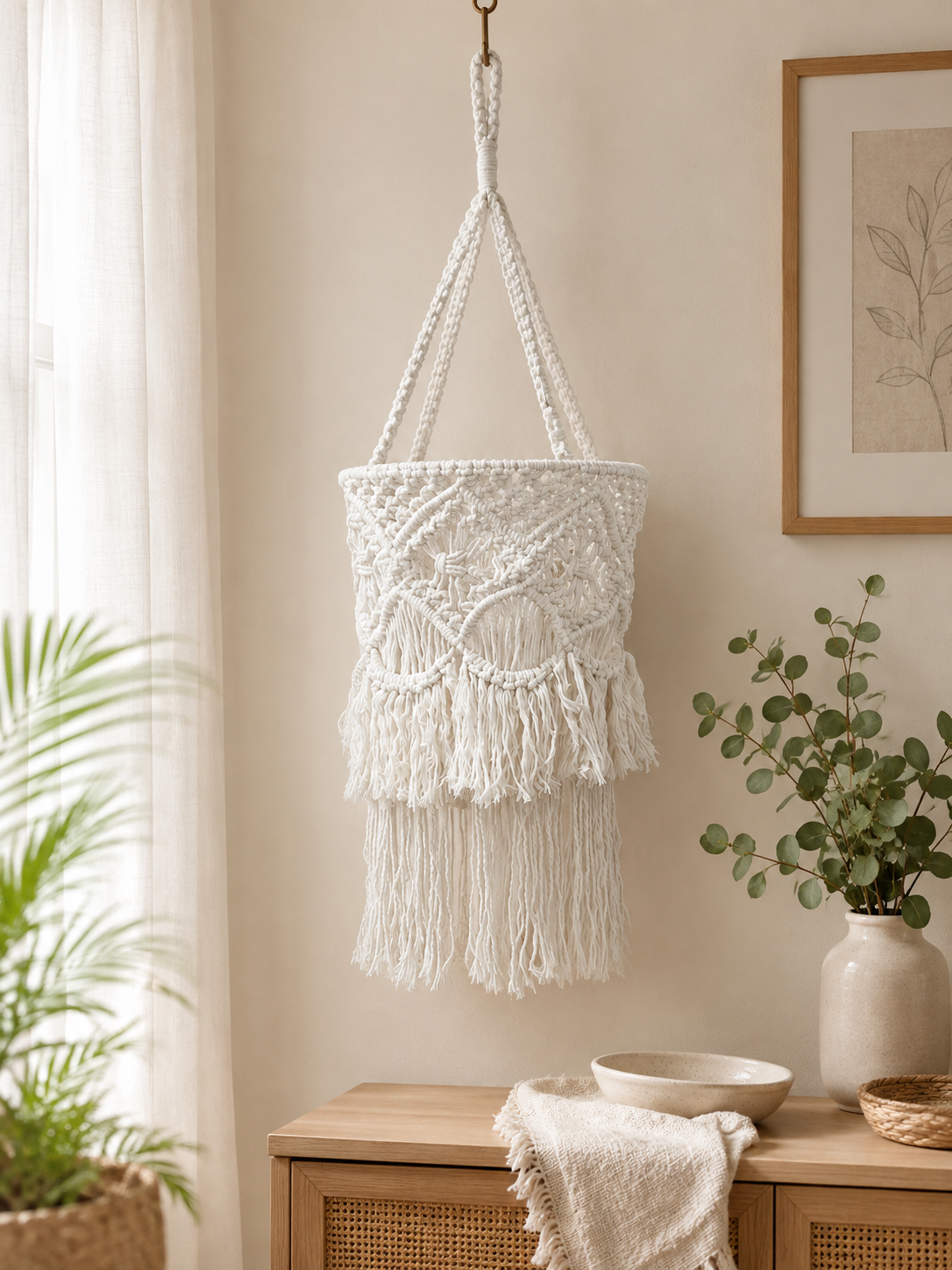 Macramé Ceiling Lamp Cover with Layered Fringe