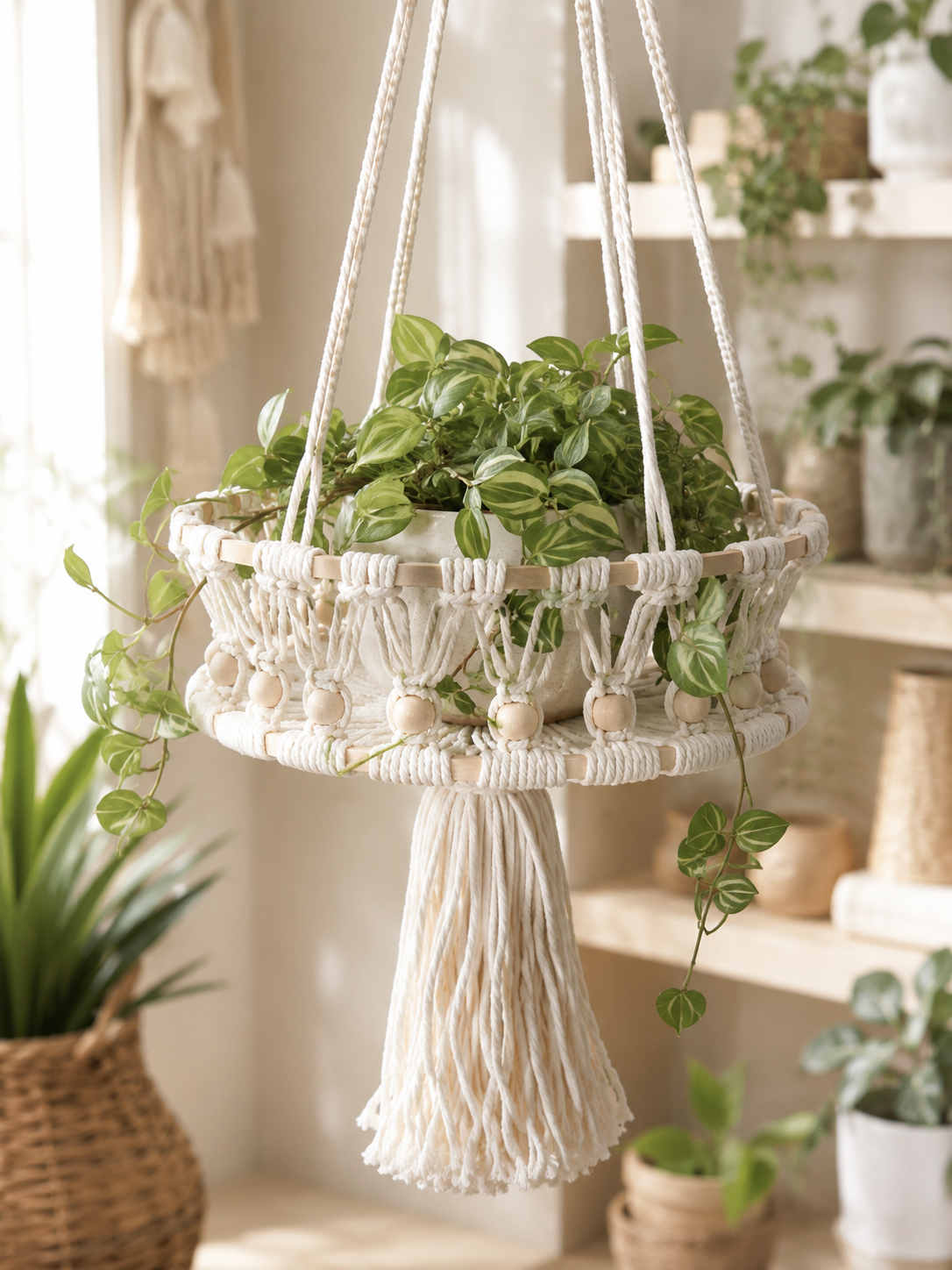 Macramé Hanging Plant Basket with Wooden Beads