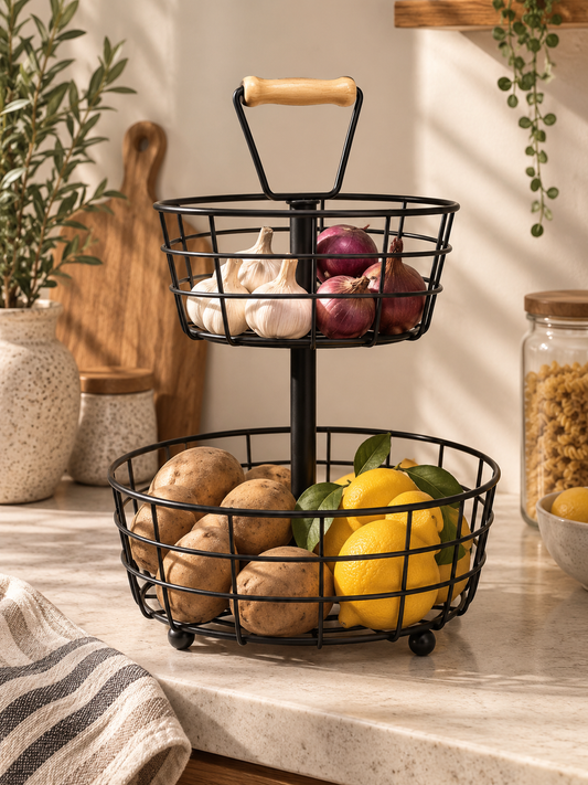 Metal Fruit & Vegetable Basket with Wooden Handle