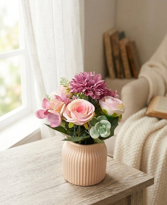 Ribbed Ceramic Mini Vases with Artificial Flowers