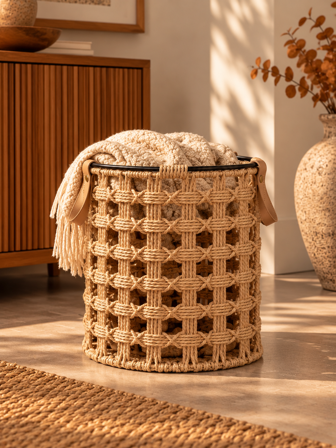 Woven Storage Basket with Leather Handles