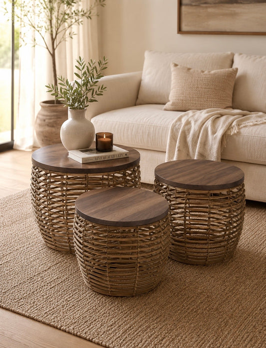 Woven Round Side Tables – Set of 3