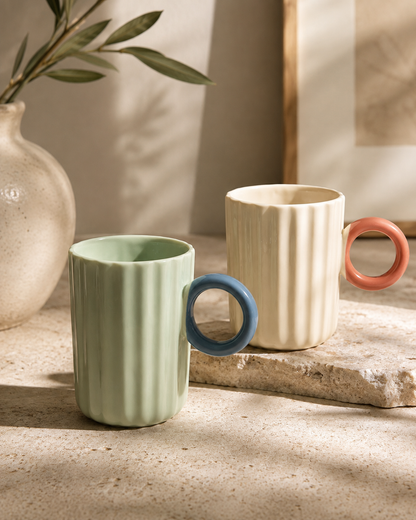 Ribbed Ceramic Mug with Round Handle
