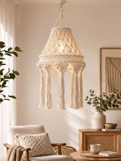 Handwoven Macramé Ceiling Lamp Cover with Tassels