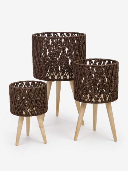 Dark Woven Plant Stand with Wooden Legs