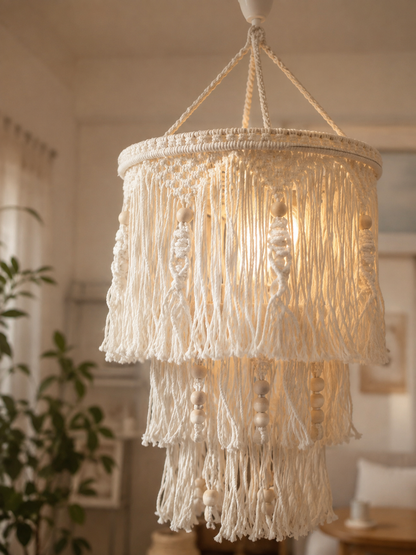 Macramé Ceiling Lamp Cover with Wooden Beads