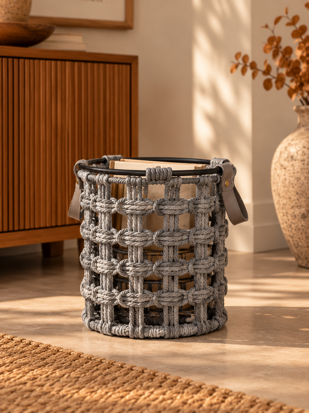 Woven Storage Basket with Leather Handles