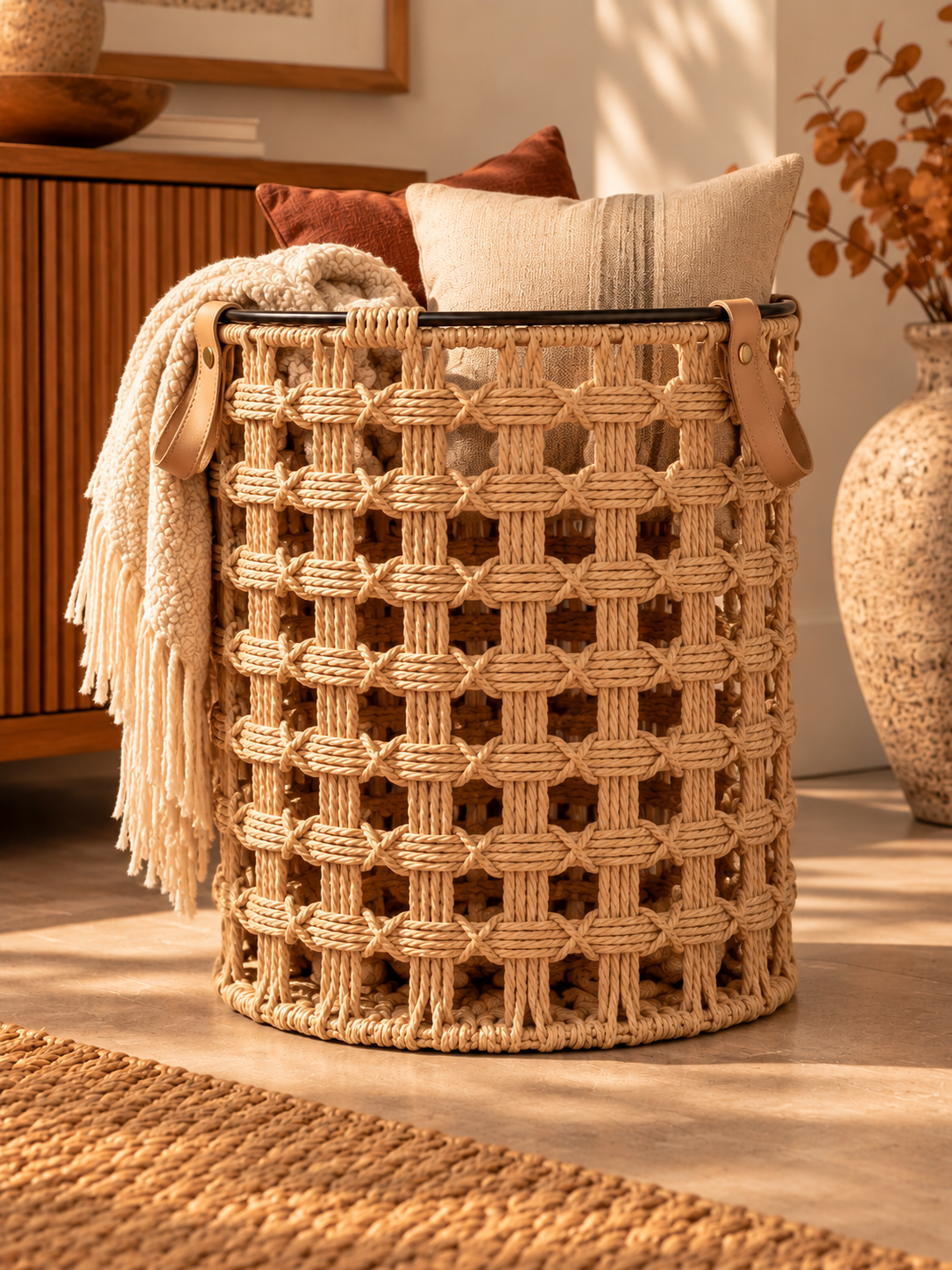 Woven Storage Basket with Leather Handles