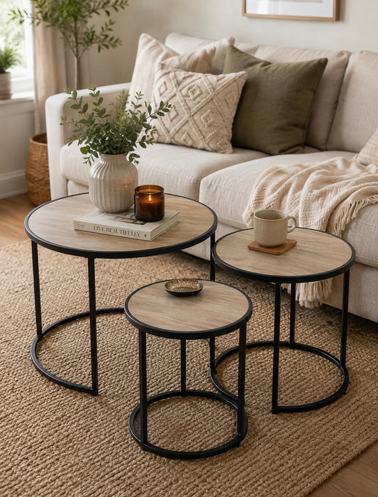 Set of 3 Round Nesting Side Tables – Wood Look & Black Metal