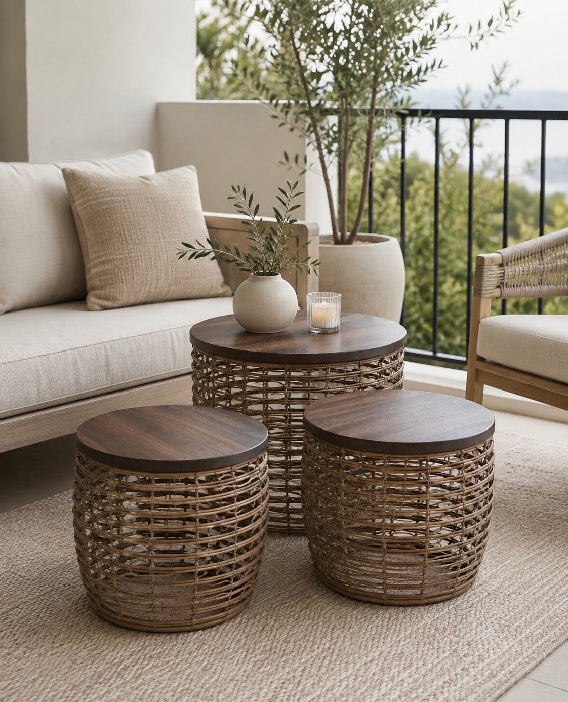 Woven Round Side Tables – Set of 3