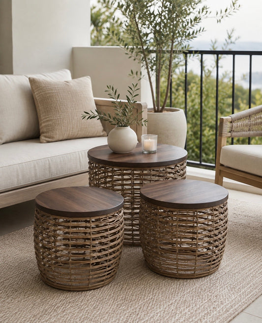 Woven Round Side Tables – Set of 3