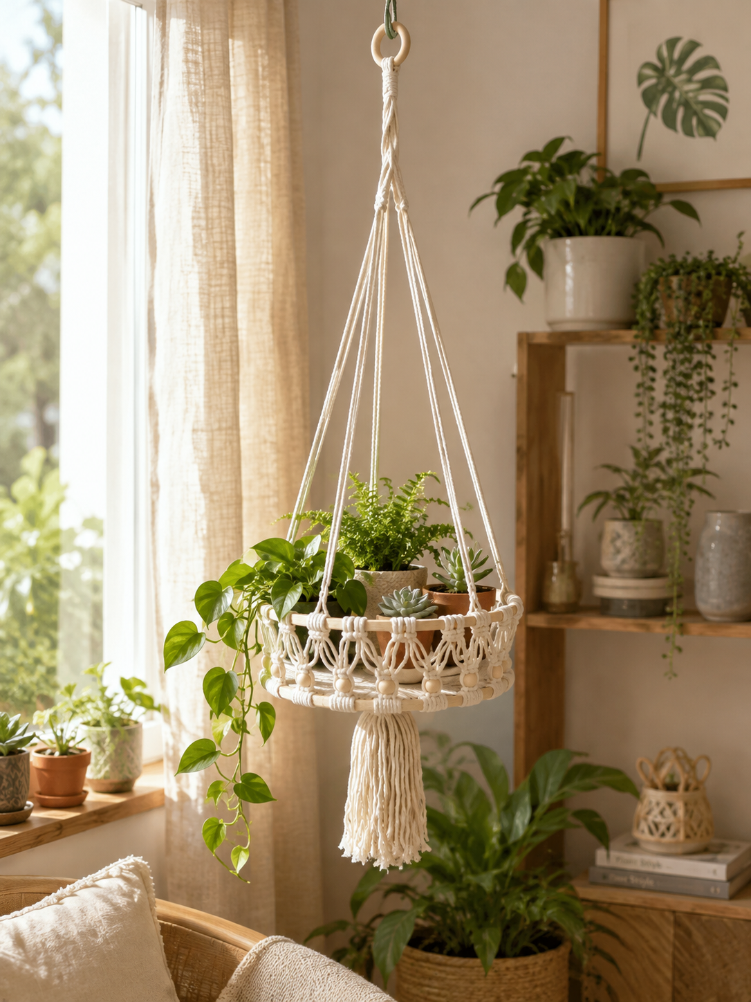 Macramé Hanging Plant Basket with Wooden Beads