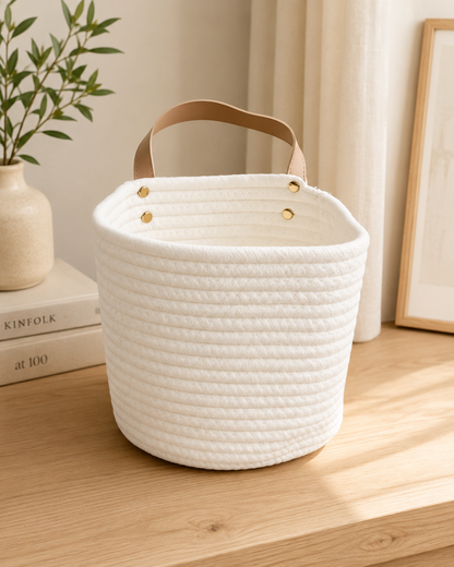Cream Rope Storage Basket with Leather Handle