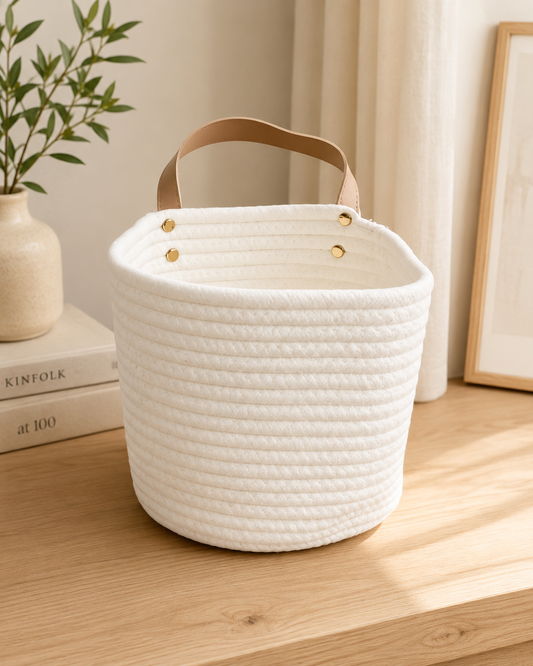 Cream Rope Storage Basket with Leather Handle