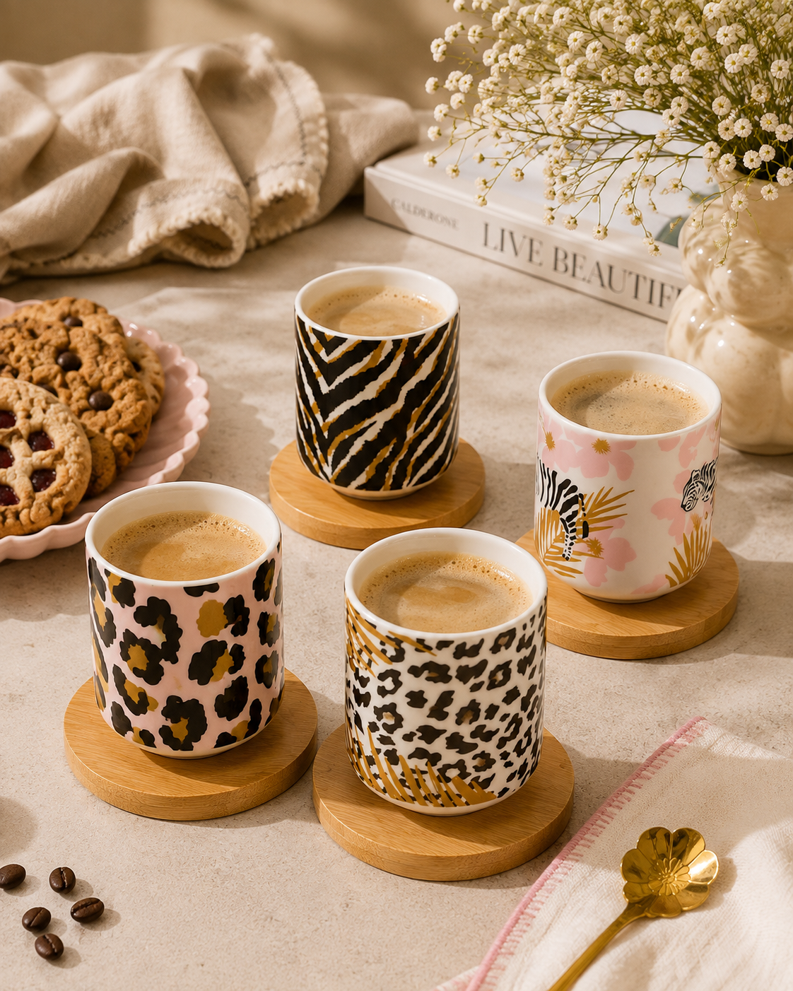 Safari Coffee Cup Set with Wooden Coasters