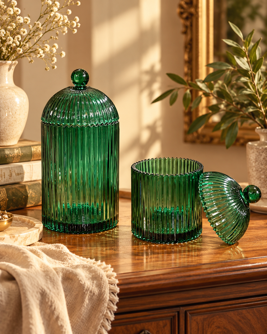 Emerald Green Ribbed Glass Storage Jars