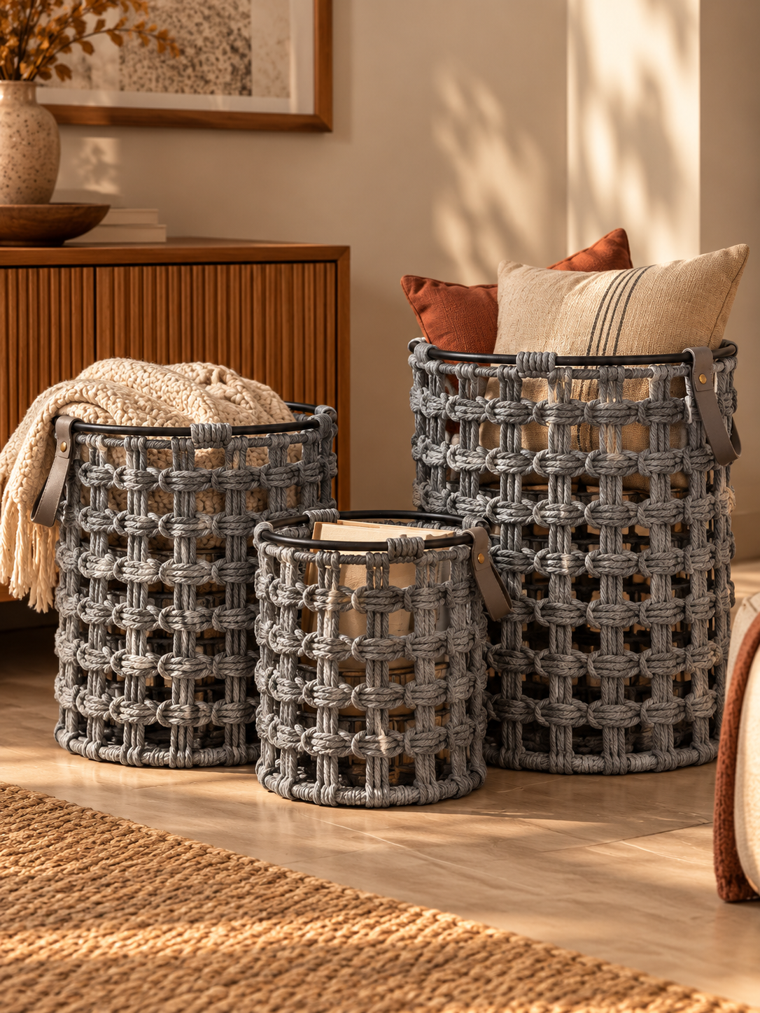 Woven Storage Basket with Leather Handles