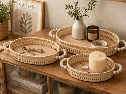Rustic Chic Wooden Catchall Tray with Beaded Handles (Oval)