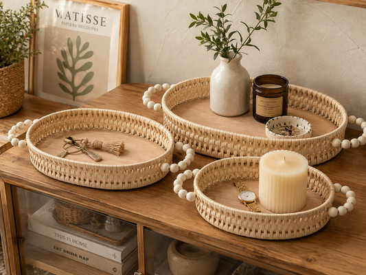 Rustic Chic Wooden Catchall Tray with Beaded Handles (Oval)