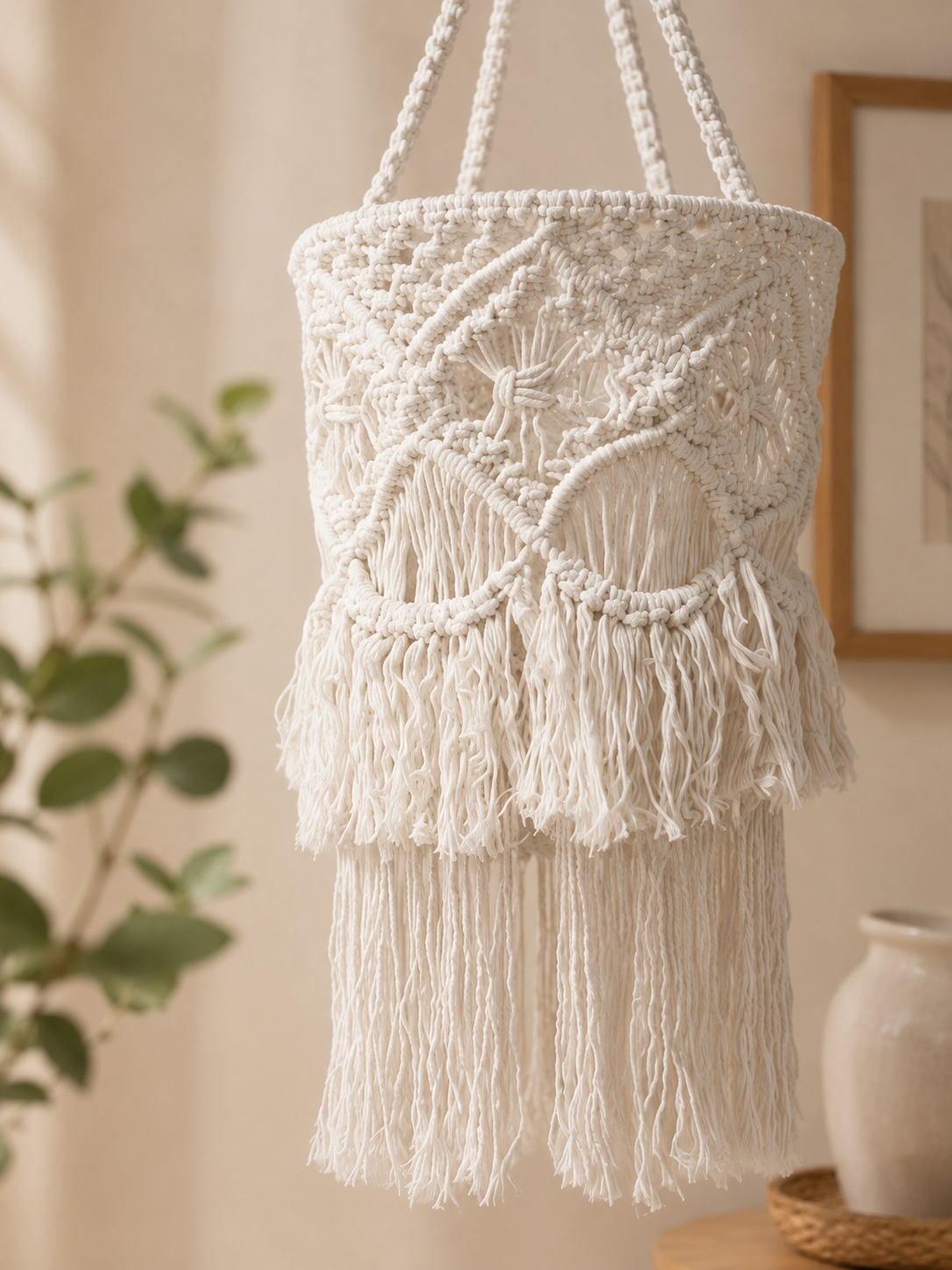 Macramé Ceiling Lamp Cover with Layered Fringe