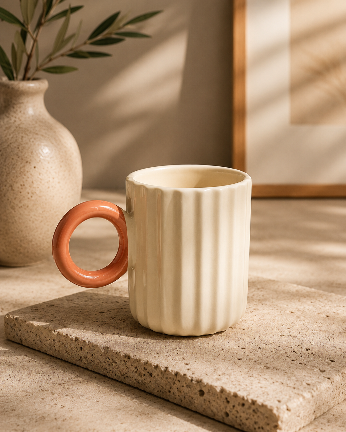 Ribbed Ceramic Mug with Round Handle