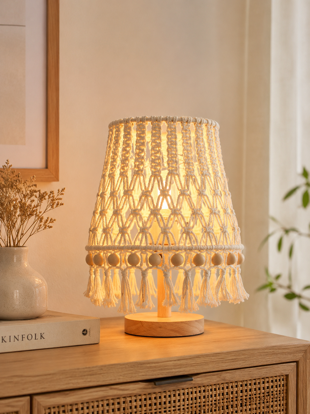 Macramé Table Lamp with Wooden Beads