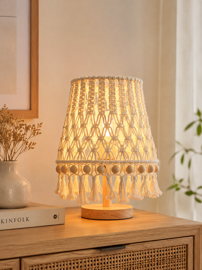 Macramé Table Lamp with Wooden Beads