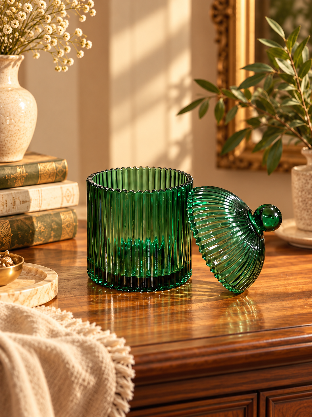 Emerald Green Ribbed Glass Storage Jars