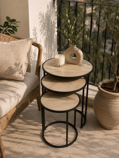 Set of 3 Round Nesting Side Tables – Wood Look & Black Metal