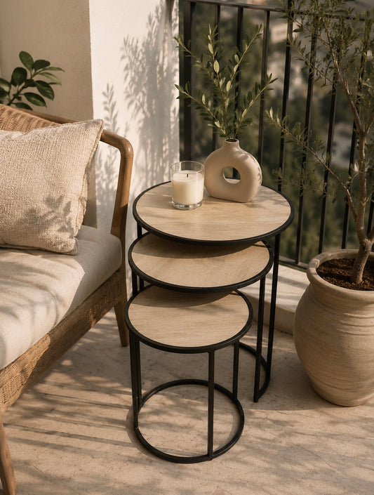 Set of 3 Round Nesting Side Tables – Wood Look & Black Metal