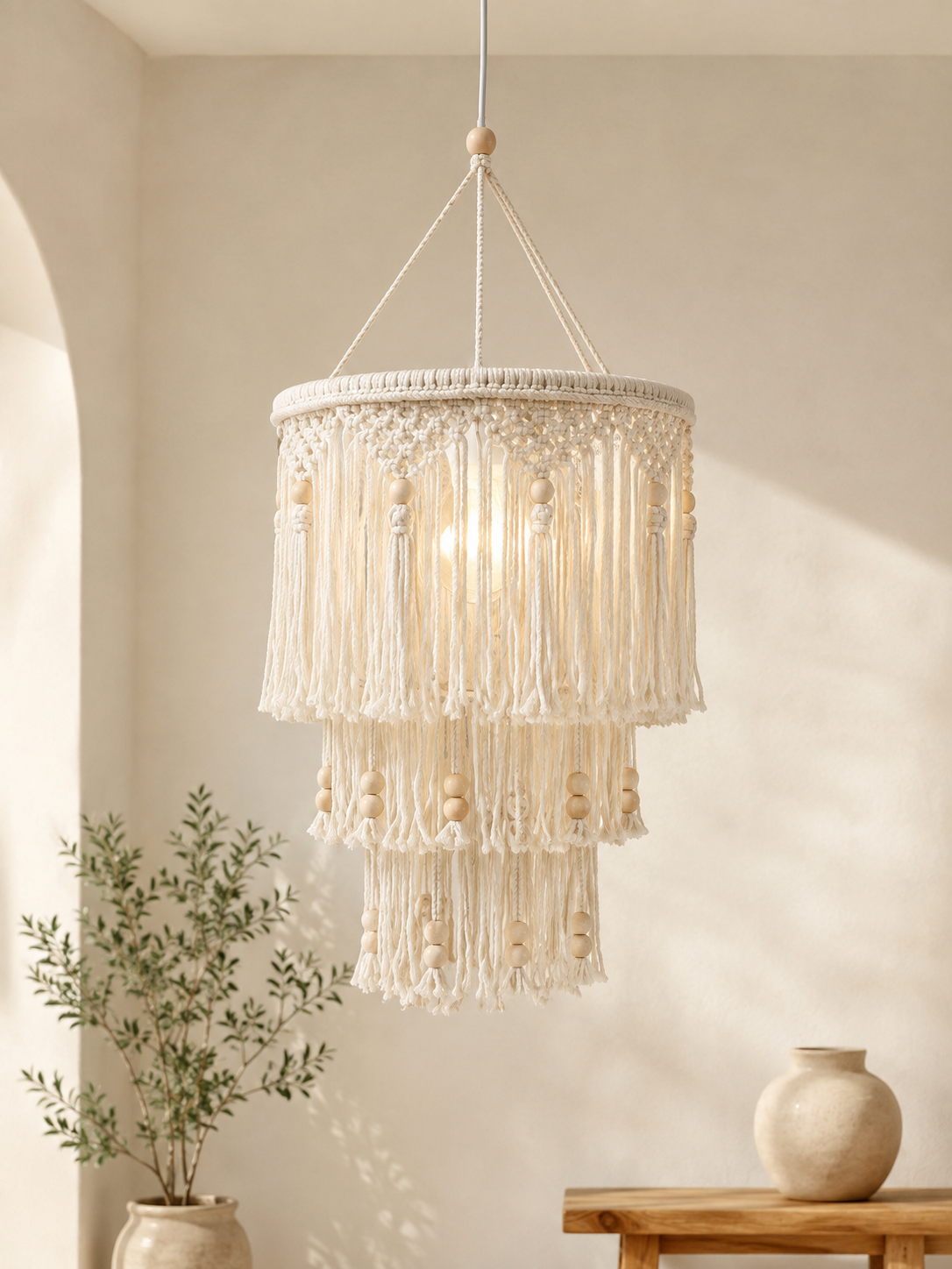 Macramé Ceiling Lamp Cover with Wooden Beads
