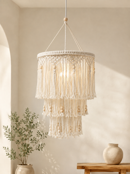 Macramé Ceiling Lamp Cover with Wooden Beads