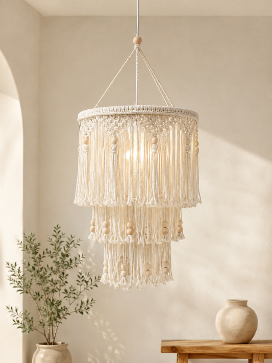Macramé Ceiling Lamp Cover with Wooden Beads