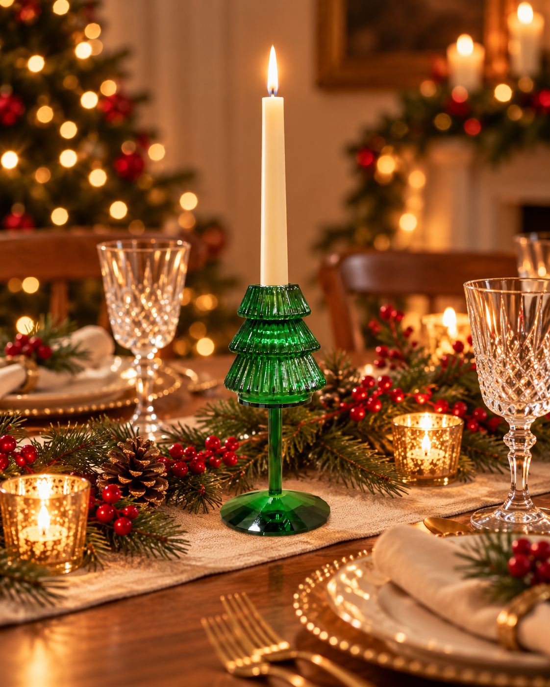 Glass Christmas Tree Taper Candle Holder