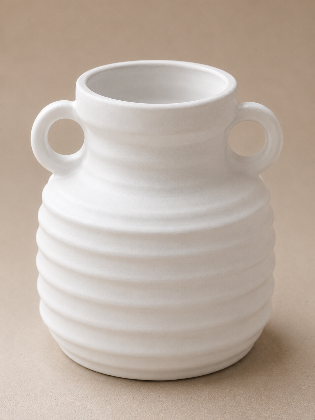 White Ribbed Ceramic Vases with Loop Handles