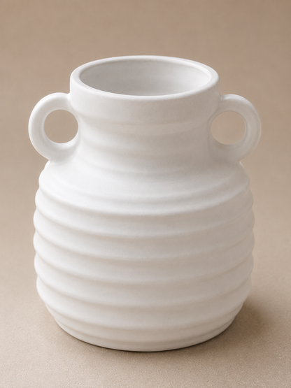 White Ribbed Ceramic Vases with Loop Handles