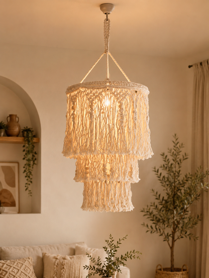 Macramé Ceiling Lamp Cover with Wooden Beads