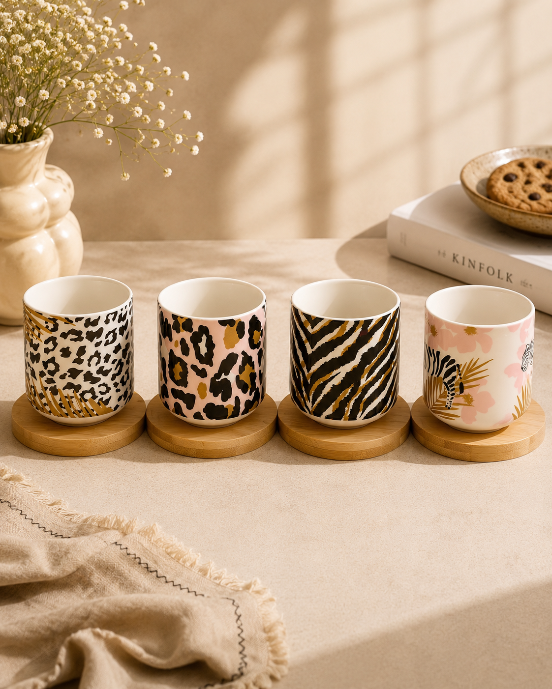 Safari Coffee Cup Set with Wooden Coasters