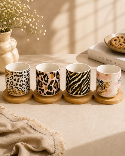 Safari Coffee Cup Set with Wooden Coasters
