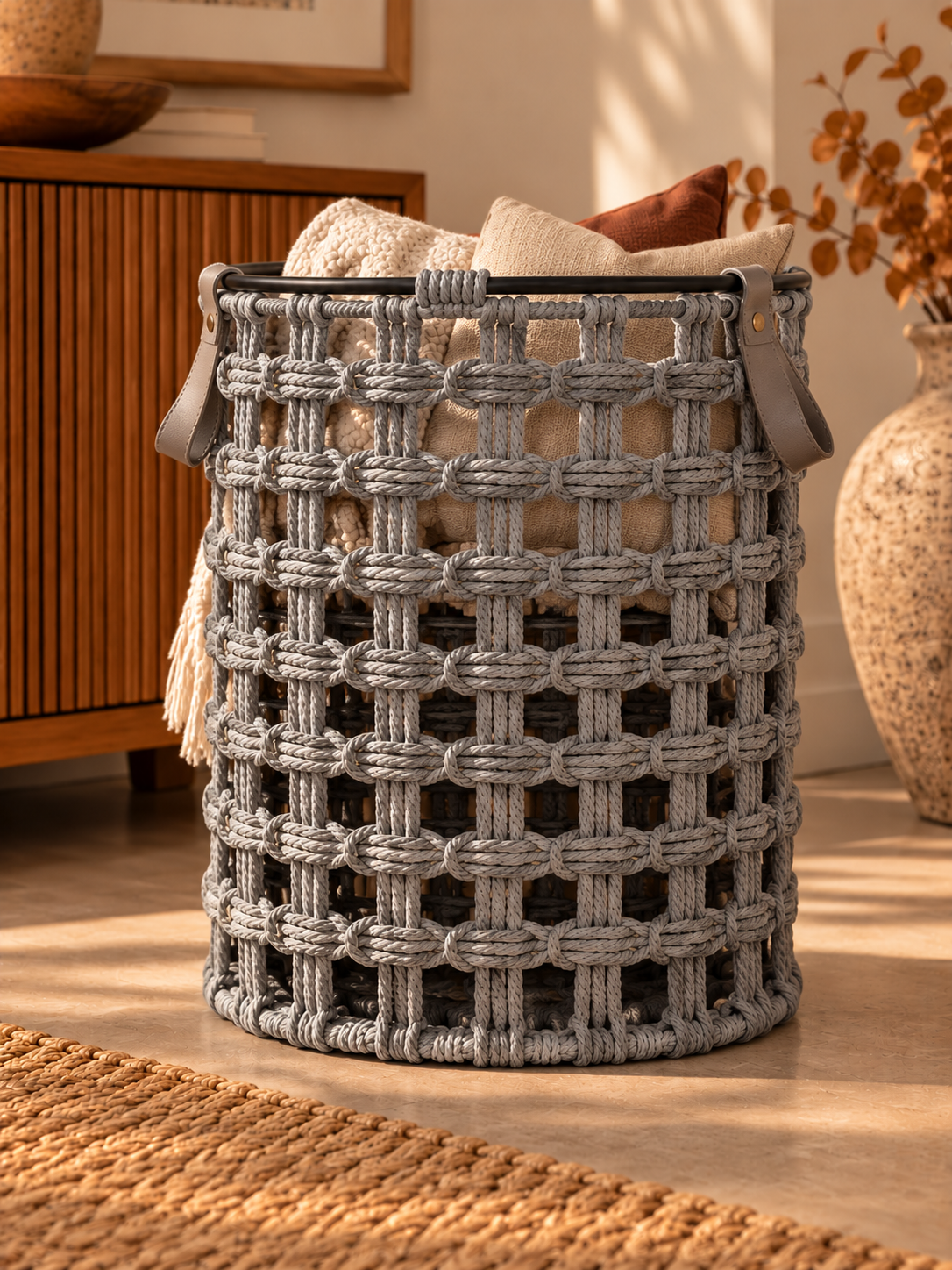 Woven Storage Basket with Leather Handles