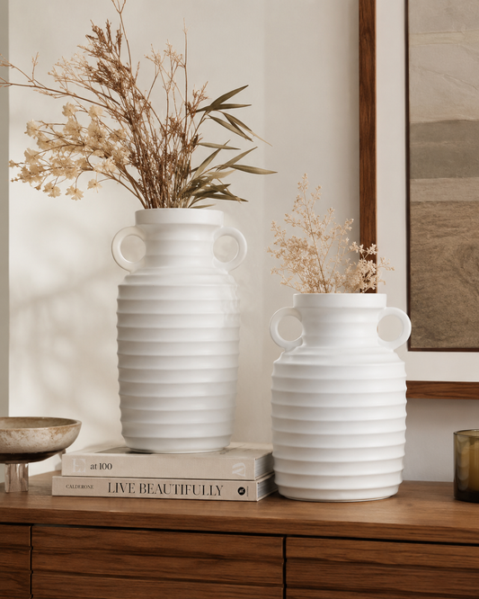 White Ribbed Ceramic Vases with Loop Handles