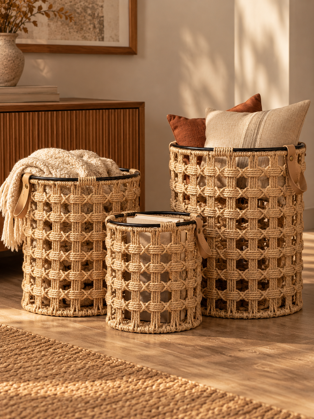 Woven Storage Basket with Leather Handles