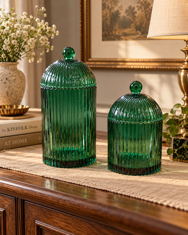 Emerald Green Ribbed Glass Storage Jars