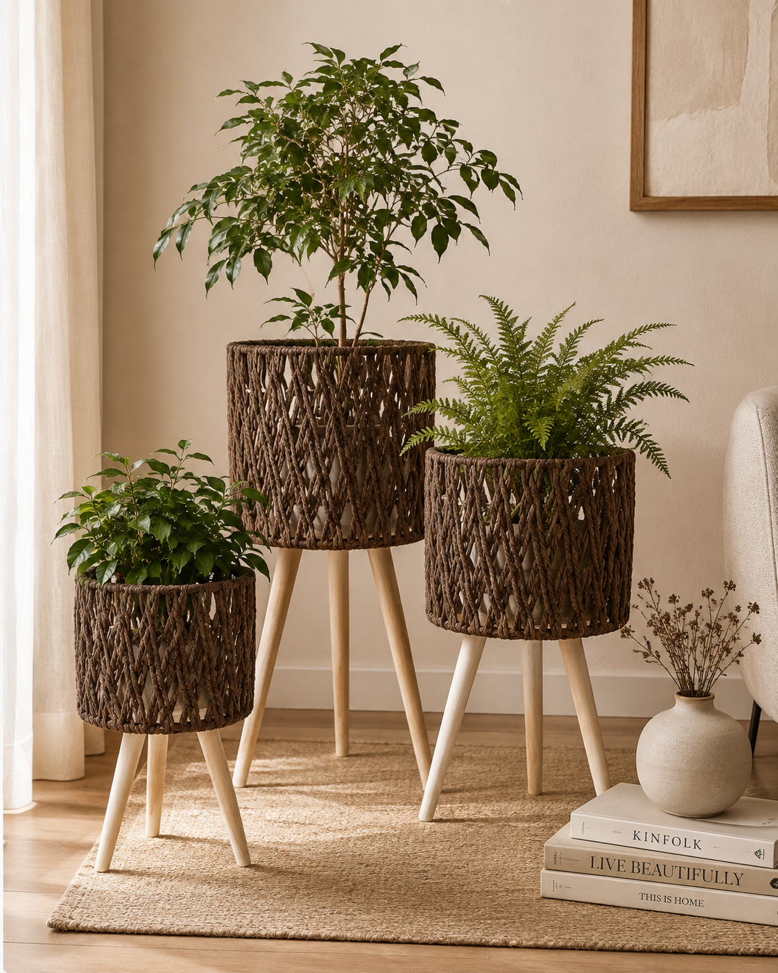 Dark Woven Plant Stand with Wooden Legs