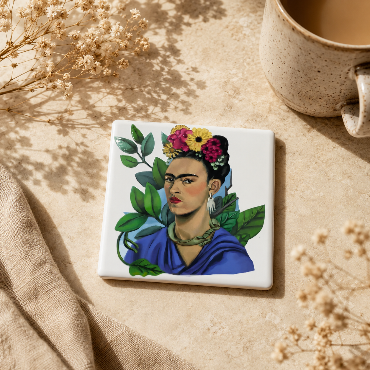 Frida-Inspired Ceramic Tile Coasters